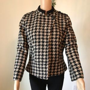 Beige and Black Houndstooth Military Moto Jacket